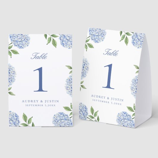 Plaque De Table Numéro de table à fleurs d'hortensia bleu simple (Recto/verso)