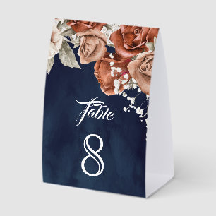 Plaque De Table Numéro de table de mariage bleu marine floral en t