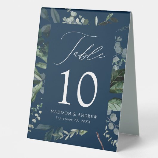 Plaque De Table Numéro de table de mariage Navy à verdure abondant (Recto)