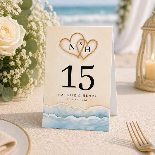 Plaque De Table Numéro de table de mariage sur la plage avec motif