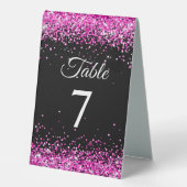 Plaque De Table Numéro de table élégant noir paillettes rose chaud (Recto)