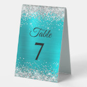 Plaque De Table Numéro de table en paillettes argentées turquoise (Verso)