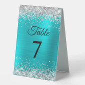 Plaque De Table Numéro de table en paillettes argentées turquoise (Recto)