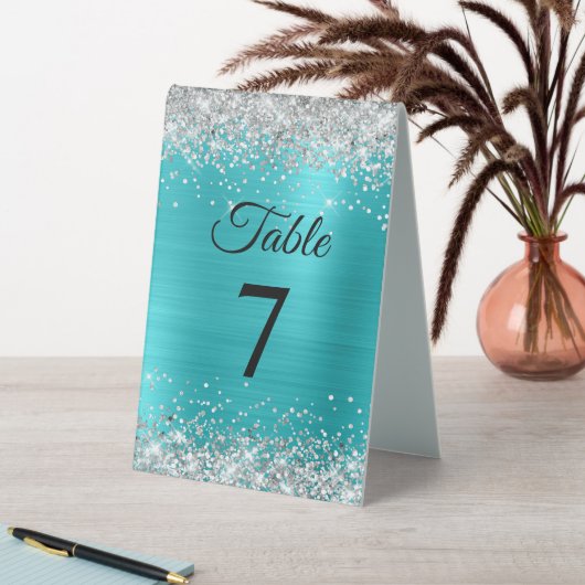 Plaque De Table Numéro de table en paillettes argentées turquoise (En SItu (Tableau))