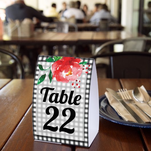 Plaque De Table Numéro de table Rose sur Gingham Derby noir et bla (Insitu (restaurant))