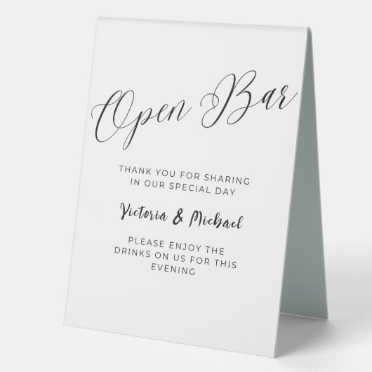 Plaque De Table Open Bar Black & White Script Mariage personnalisé (Recto)