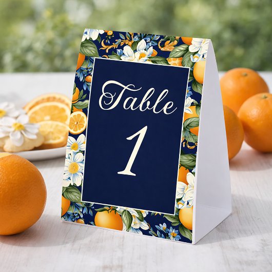Plaque De Table Oranges Fleurs Blanches Bleu Marine Numéro de Tabl