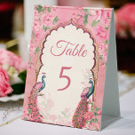 Plaque De Table paons roses vintages numéros de table des mariages<br><div class="desc">paons roses vintages mariages indiens élégants panneaux de numéro de table,  fleurs roses arcs paons frontaliers avec plumes roses mariages numéros de table décoration de table</div>