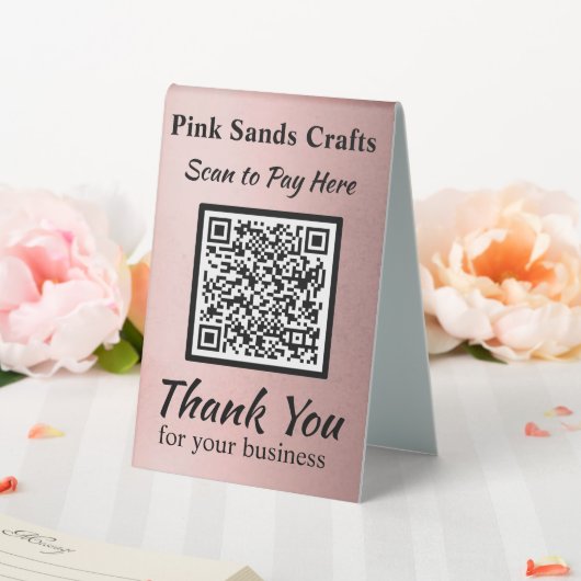 Plaque De Table Payer ici Code QR Effet de feuille métallisée Rose (In SItu (Mariage))
