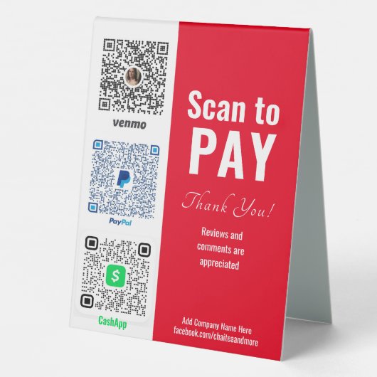 Plaque De Table Payer ici QR Venmo PayPal Table Tente Signal (Verso)