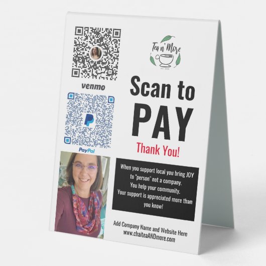 Plaque De Table Payer ici Venmo Transactions commerciales Code QR (Verso)