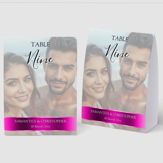 Plaque De Table Photo Wedding Table Number with Magenta band (Recto/Verso)