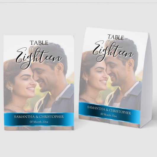 Plaque De Table Photo Wedding Table Number with Royal blue band (Recto/Verso)