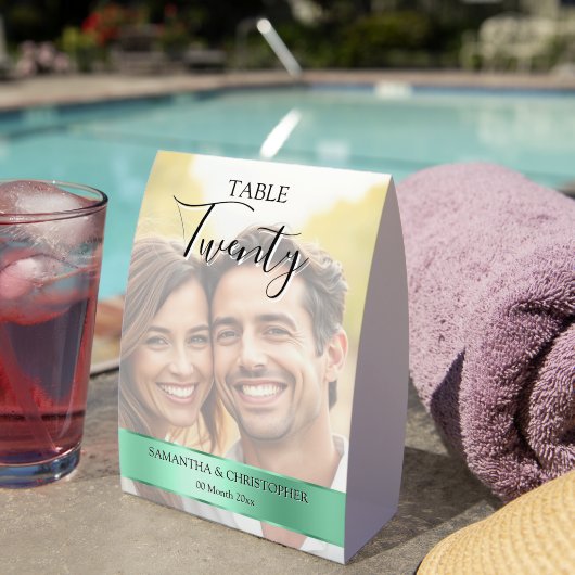 Plaque De Table Photo Wedding Table Number with Sage Green band (Insitu (sur table))