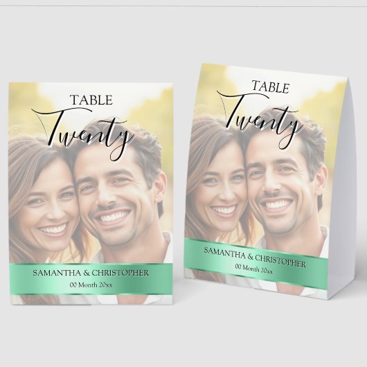 Plaque De Table Photo Wedding Table Number with Sage Green band (Recto/Verso)