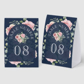 Plaque De Table Pink Floral Eucalyptus Navy Wedding Table Number (Recto/verso)