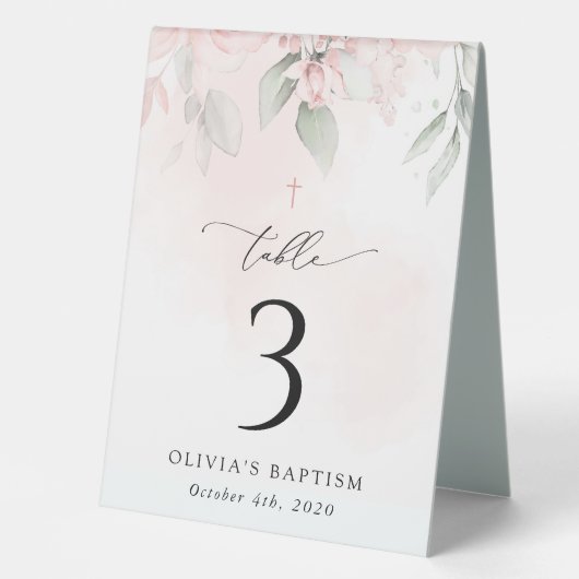 Plaque De Table Pink Flowers, Greenery, Baptism Table Numbers (Recto)