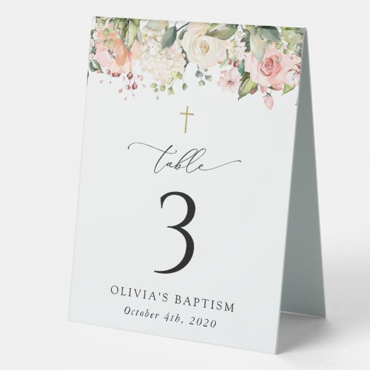 Plaque De Table Pink Flowers, White Flowers, Baptism Table Numbers (Verso)