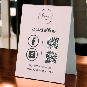 Plaque De Table Pink QR Connect Us Business Logo Médias sociaux