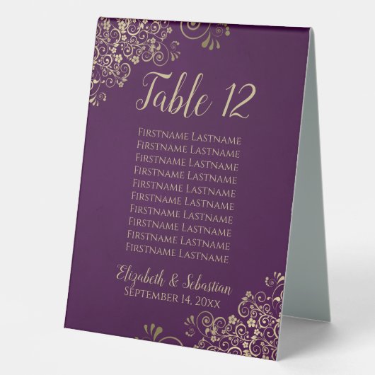 Plaque De Table Plum Purple & Gold Mariage Numéro de table et noms (Recto)