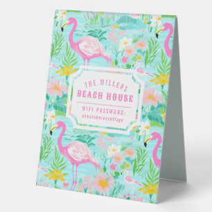 Plaque De Table Preppy Flamant rose Beach House Mot de passe Wifi