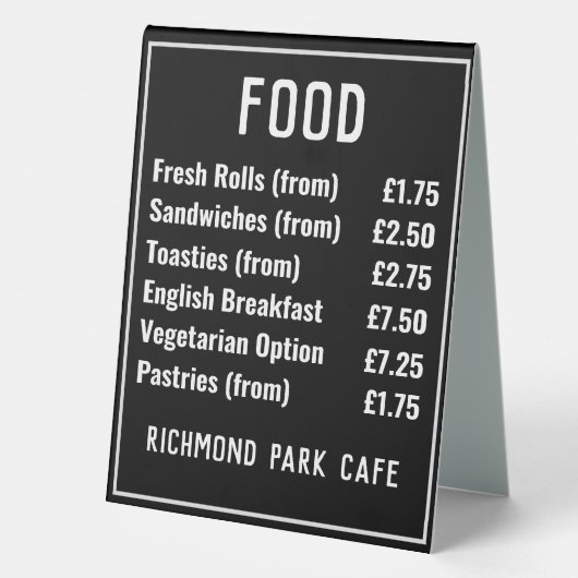 Plaque De Table Prix des aliments et des boissons (Verso)