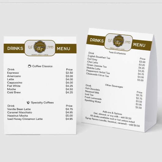 Plaque De Table Professional Coffee Shop Personalized Drinks Menu (Recto/Verso)