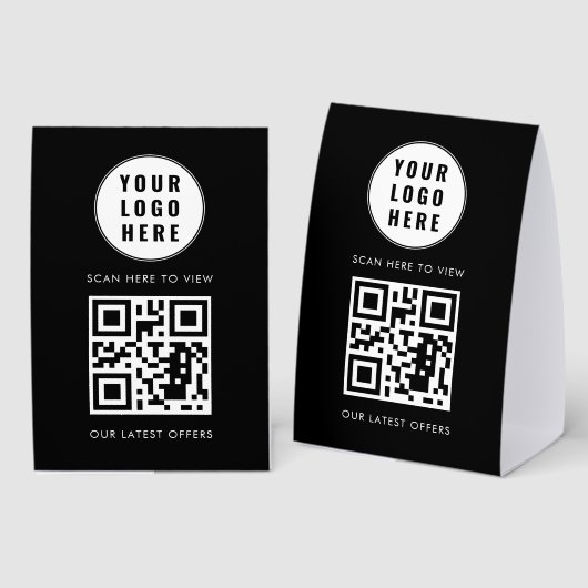Plaque De Table QR Code Black Business Logo Scan Here Modern (Recto/verso)