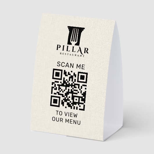 Plaque De Table QR Code Menu Light Beige Linen Custom Logo (Verso)