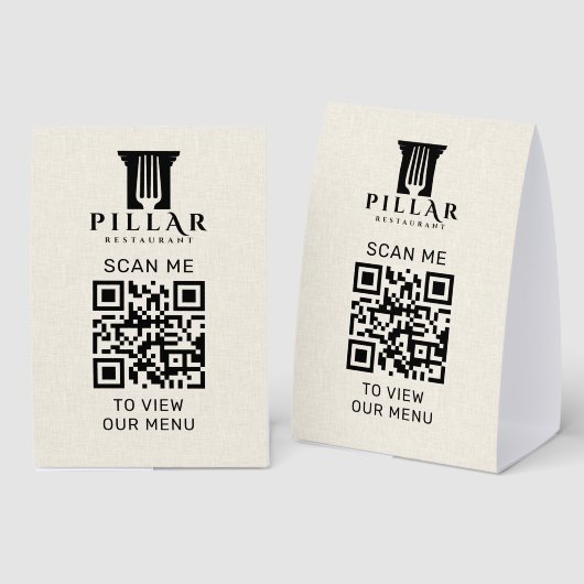 Plaque De Table QR Code Menu Light Beige Linen Custom Logo (Recto/verso)