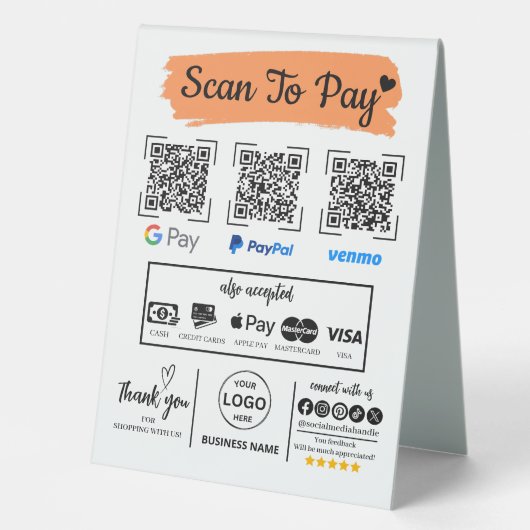 Plaque De Table QR Code Scan pour payer Venmo Paypal Google Pay (Recto)