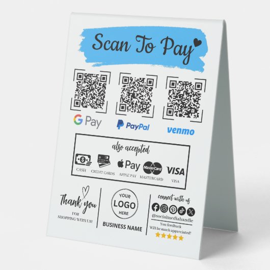 Plaque De Table QR Code Scan pour payer Venmo Paypal Google Pay (Recto)