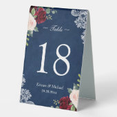 Plaque De Table Red Blush Floral Navy Blue Mariage Numéro de table (Verso)