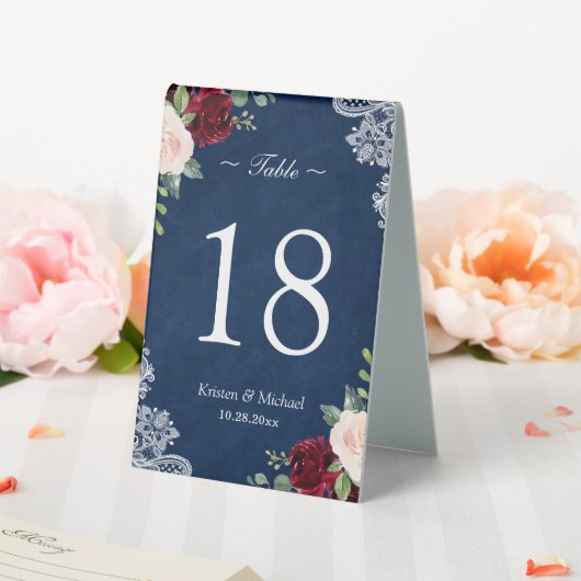 Plaque De Table Red Blush Floral Navy Blue Mariage Numéro de table (In SItu (Mariage))