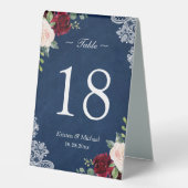 Plaque De Table Red Blush Floral Navy Blue Mariage Numéro de table (Recto)