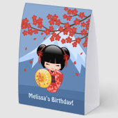 Plaque De Table Red Sakura Kokeshi Cute Geisha Girl Blue (Arrière)