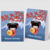 Plaque De Table Red Sakura Kokeshi Cute Geisha Girl Blue (Recto/Verso)