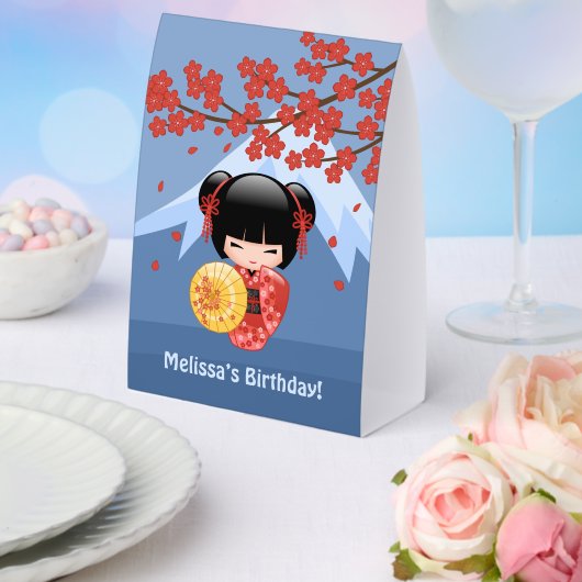 Plaque De Table Red Sakura Kokeshi Cute Geisha Girl Blue (Insitu (mariage))