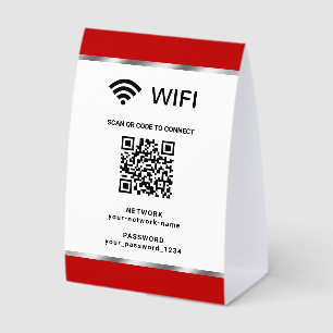Plaque De Table Réseau Wifi Code QR Rouge Argent et Mot de Passe