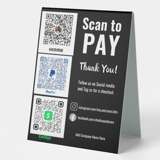 Plaque De Table Réseaux sociaux Payez ici QR Venmo PayPal (Recto)