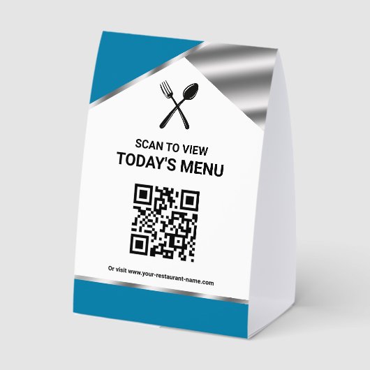 Plaque De Table Restaurant Contactless QR Code Blue Menu (Verso)