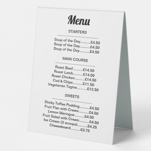 Plaque De Table Restaurant Dimanche Déjeuner ou Dîner Menu (Verso)
