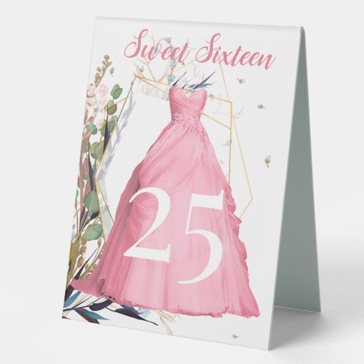 Plaque De Table Robe Rose Élégante Personnalisée Douce 16 (Recto)