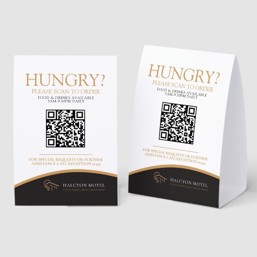 Plaque De Table Room service food ordering Hotel QR black gold (Recto/verso)
