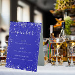 Plaque De Table Royal blue parties scintillant mariage menu<br><div class="desc">Un arrière - plan bleu royal. Décoré de parties scintillant en faux argent,  pétillant. Avec le texte : Ouvre la barre. Personnalisez et ajoutez le menu de votre barre. Texte blanc.</div>