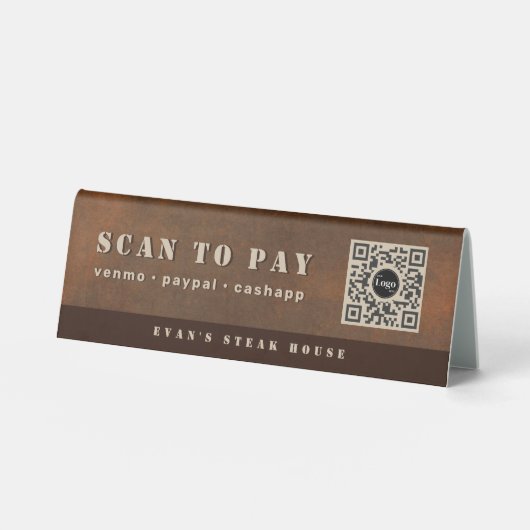 Plaque De Table Rustic Iron Bold Stencil Brown Metal Scan to Pay (Recto)
