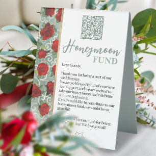 Plaque De Table Sage Green Gold Red Roses QR Code Lune de miel Fon