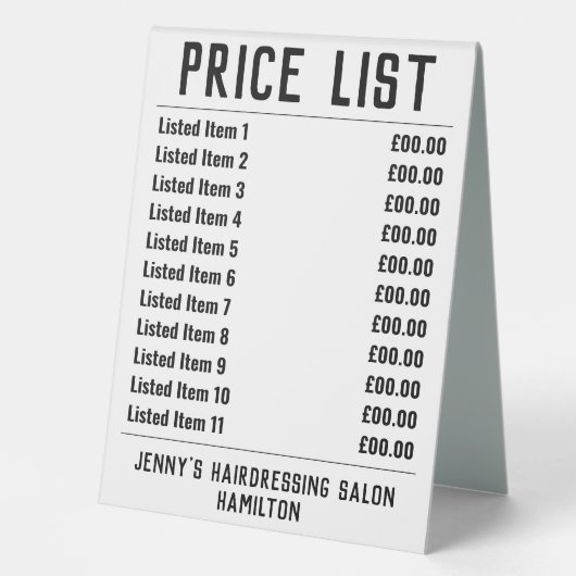 Plaque De Table Salon de coiffure Tarifs Table Tente (Recto)