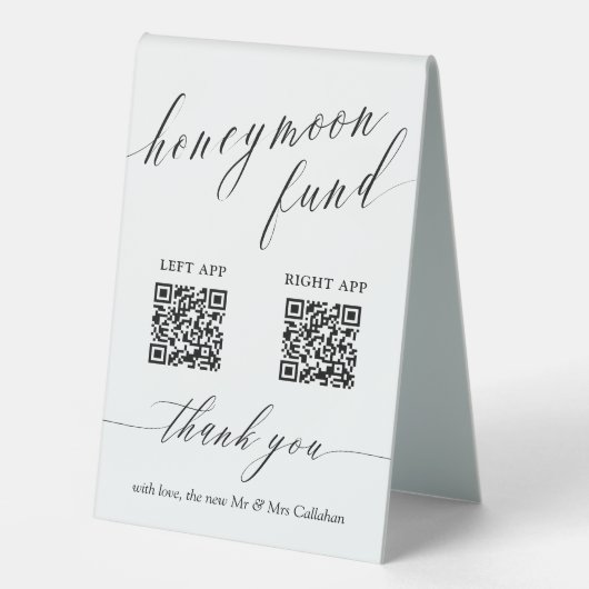 Plaque De Table Scripts Delicate Honeymoon Fund QR Code Mariage (Recto)