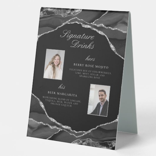 Plaque De Table Signature Boissons Black Silver Agate Mariage Phot (Recto)